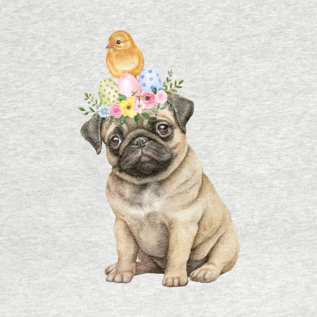 Sweet baby pug wit easter wreath and lttle yellow chicken on the head by GerganaR